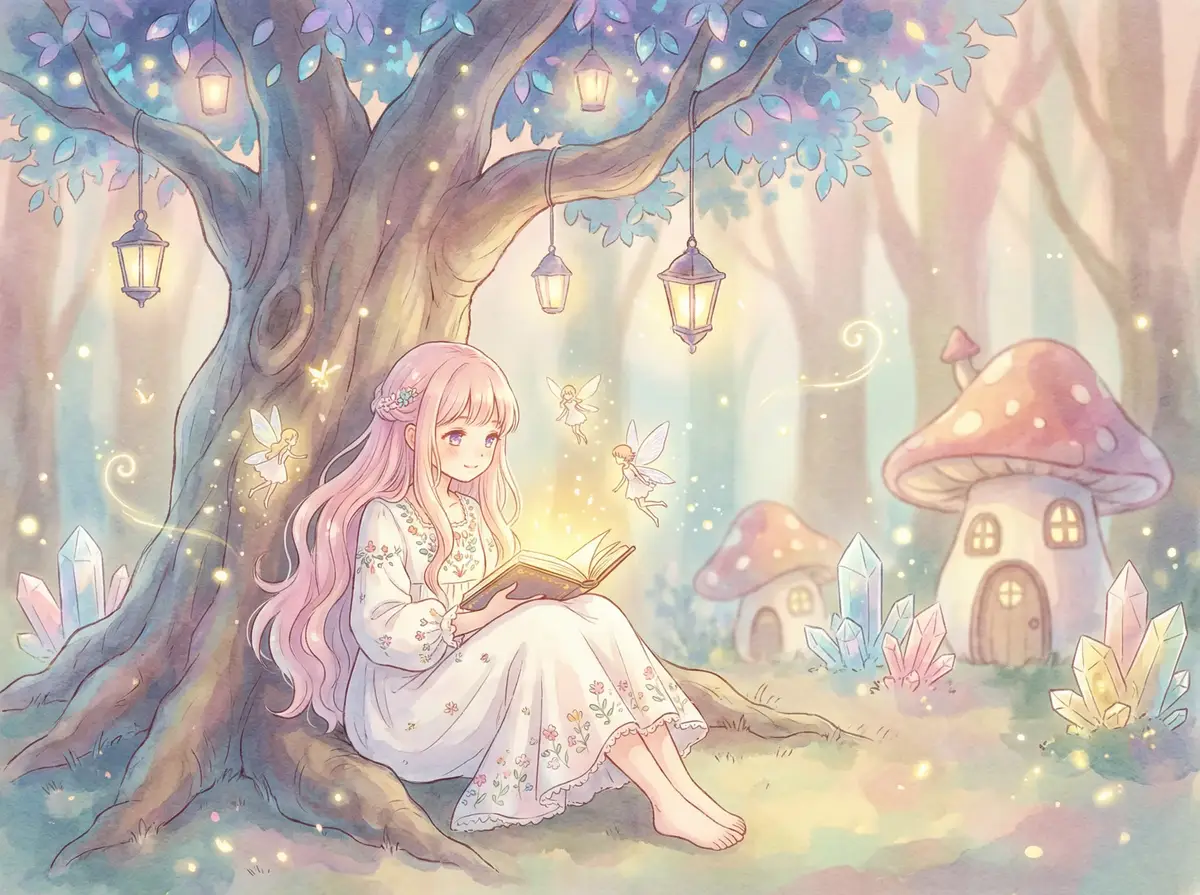 白丝jk喷水 - 魔法森林中阅读故事书的粉发少女与精灵